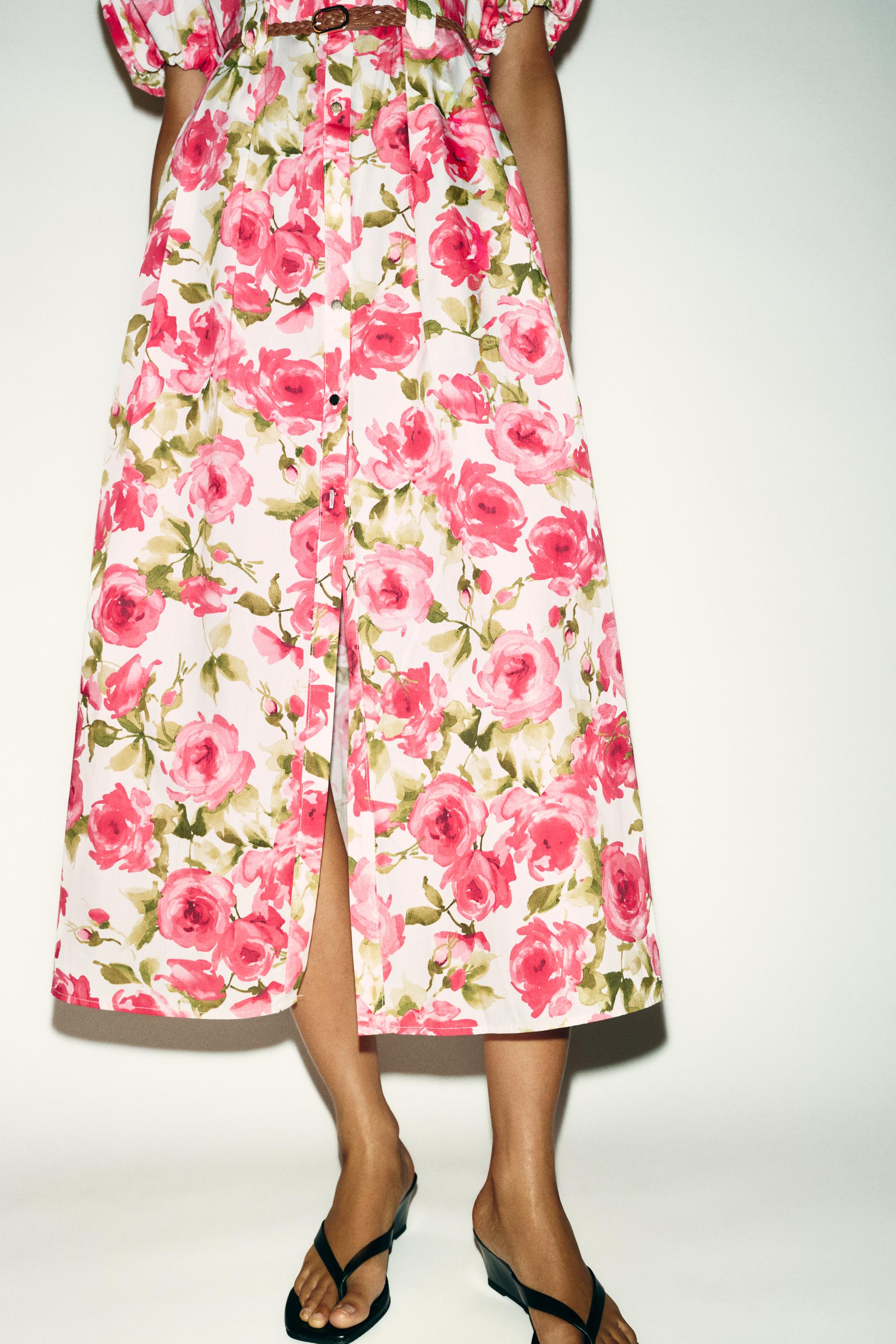 BELTED FLORAL PRINT MIDI DRESS